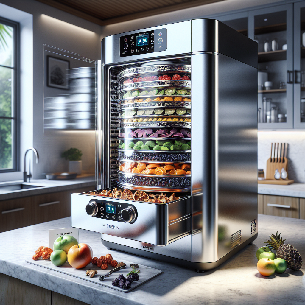 Visualize a high-end, efficient home freeze dryer sitting comfortably on a kitchen counter. This appliance, constructed of sleek metallic and glass materials, is opened to reveal a variety of fruits and vegetables, their colors vibrant and fresh, despite undergoing the freeze-drying process. Intricate details, such as the cooling coils, hygienic steel trays, and the sturdy touchscreen interface, are evident. The room lighting captures the glossy surfaces of the appliance, and beyond it, a well-organised, modern kitchen fades into the background. Next to the dryer, a price-tag reads 'Affordable Essentials'.