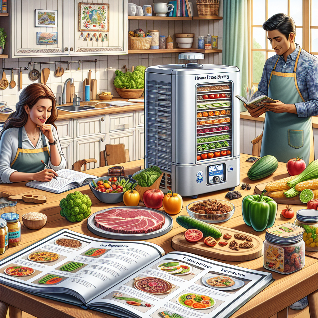A highly detailed, illustrative scene related to home freeze drying. The image showcases a well-organized kitchen with a modern home freeze drying machine on a wooden countertop. There are a variety of food items nearby including fruits, vegetables, and meat, all neatly arranged for the drying process. Several instruction guides can be seen on the kitchen table, providing essential and effortless tips for the process. The scene also includes a Hispanic woman and a Middle-Eastern man, both wearing aprons, taking notes from a guide book and looking at the freeze drying machine with curiosity and anticipation.