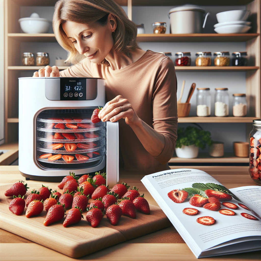 Visualize a home kitchen scene where an individual is in the process of freeze drying strawberries. In the foreground, you can see fresh, ripe strawberries with a vibrant red color on a wooden cutting board. The individual, a middle-aged Caucasian woman, is placing the sliced strawberries into a small, household freeze dryer. The machine is white and has a transparent door, allowing us to see the strawberries inside. On the kitchen counter, there are jars ready to store the dried strawberries, and the shelves hold affordable kitchen equipment. An open guidebook about freeze drying fruits stands adjacent to the freeze dryer, displaying diagrams and easy-to-follow instructions.