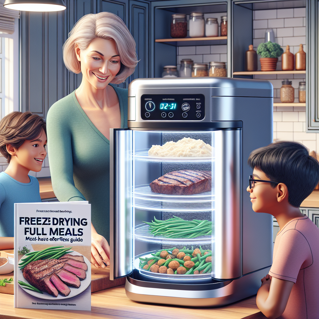 Depict a well-lit kitchen with an open countertop where a futuristic looking freeze-drying machine resides. This machine is in the process of freeze drying a complete meal consisting of steak, mashed potatoes, and green beans. An information guide entitled 'Freeze Drying Full Meals: Must-Have Effortless Guide' sits next to the machine. A confident, middle-aged Caucasian woman is seen operating the machine, while a young South Asian boy is eagerly watching the process. They both convey the ease and accessibility of the method, their faces illuminated by the soft light of the machine.