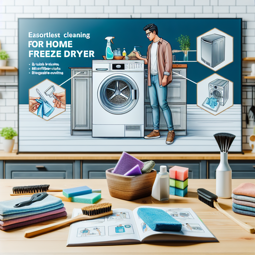 Visualize a sparkling clean home freeze dryer situated in a brightly lit kitchen. Close-by, lay an array of cleaning tools such as brushes, microfiber cloths, and biodegradable cleaning solutions resting on a polished wooden table. Nearby, there's a step-by-step guidebook with illustrations on effortless cleaning tips for home freeze dryers on it. A South Asian man in casual clothes is carefully following the cleaning guide, demonstrating the ease of the task, contributing to a comprehensive picture of domesticity and maintenance.