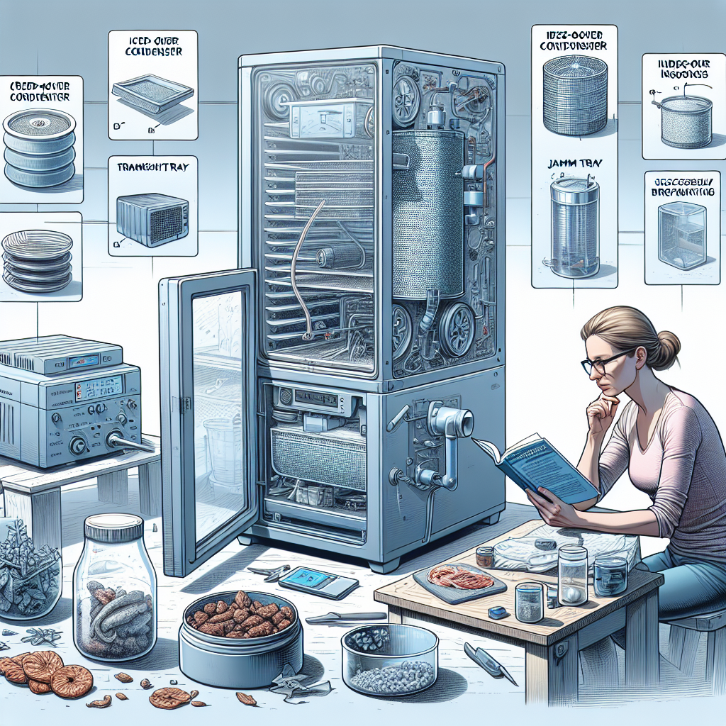 A clear, detailed scene relating to the troubles and solutions of home freeze drying. Feature a home freeze dryer with various components visible, perhaps open to reveal inner workings. Show several common issues as labelled illustrations, such as an iced-over condenser or a jammed tray. Also, depict a Caucasian woman in her forties, sitting at a table, diligently studying a handbook on freeze dryer troubleshooting, with a thoughtful expression. Include some successfully processed and freeze dried food samples on the table next to the woman. The overall atmosphere of the room should express an air of focused determination.