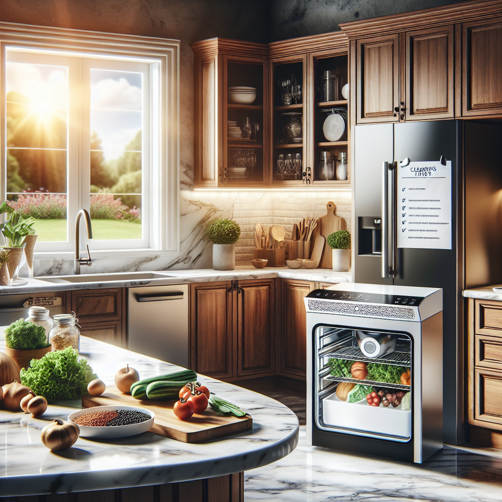Imagine walking into a well-maintained home kitchen. The main element in this scene is a modern home freeze dryer resting on an expansive marble countertop. This specialist device for food preservation is meticulously clean and spotless, indicating regular maintenance and proper care. This elegant kitchen setting is complete with polished walnut cabinet, stainless steel sink, and a variety of fresh produce ready to be preserved. A checklist hanging on the fridge lists the top cleaning tips for a home freeze dryer. Through the kitchen window, a gorgeous sunlit garden adds a soothing natural touch to the scene.