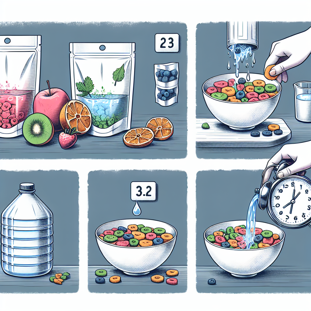 An illustrative guide showing the process of rehydrating freeze-dried food. It starts with a depiction of freeze-dried fruits and vegetables in sealed packets on a kitchen countertop next to a jug of water. In the next step, the packets are open and water is poured into a bowl containing the dried food. The subsequent image shows a clock indicating waiting time for hydration. The final image represents a bowl filled with colourful, juicy, and tempting rehydrated food ready to eat.