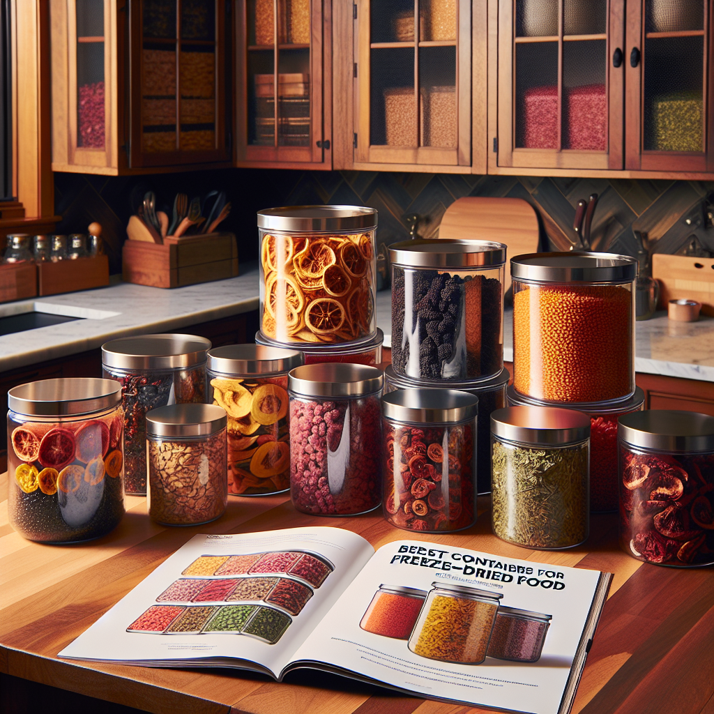 Visualize this: a elegant wooden kitchen countertop, meticulously organized and well-lit. On the countertop, there's a variety of containers made of glass, stainless steel, and BPA-free plastic, each with airtight lids, perfect for storing freeze-dried food. They are of varying sizes to accommodate a range of food items. Inside each container, there are visually striking samples of freeze-dried fruits and vegetables, their vibrant colors contrasting sharply with their containers. A printed guide, titled 'Best Containers for Freeze-Dried Food', sits prominently next to the containers.