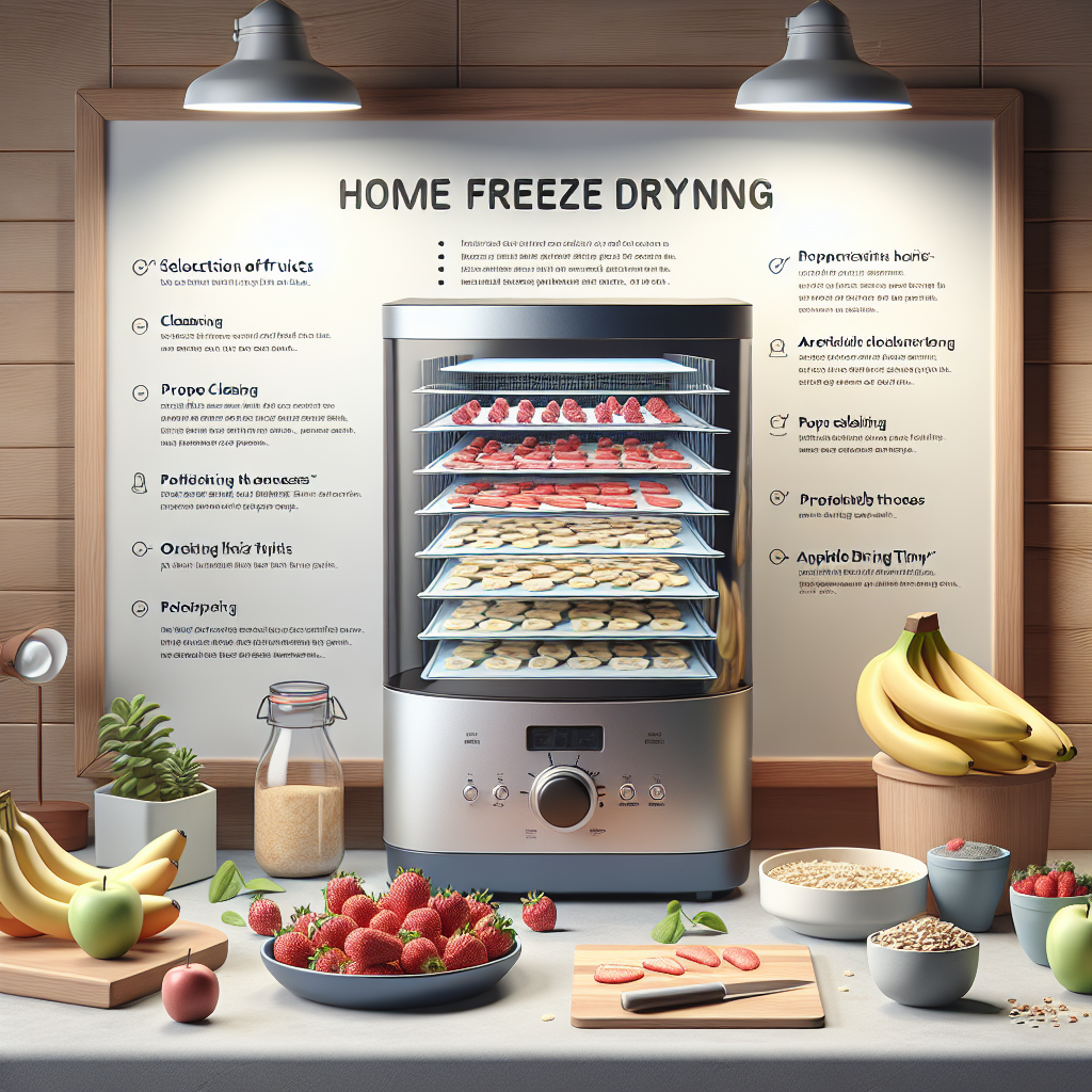 Visualize an informative scene about home freeze drying. Display a well-lit kitchen with various fresh fruits and vegetables spread out on a clean counter. In the center should be a modern, sleek home freeze drying machine with an open lid, revealing trays of strawberries and bananas. Include a white board on the side listing 'Must-Know Tips' for home freeze-drying. The words on the board should be legible, emphasizing points like 'selection of fruits', 'proper cleaning', 'optimal slicing thickness', and 'appropriate drying time'.