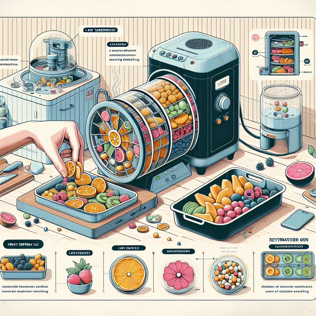 Illustration showcasing the process of home freeze drying. A detailed cutaway display of a home freeze dryer machine, revealing its intricate internal mechanisms, while a hand is placing a tray of mixed fruits into it. An infographic side panel describes the steps from start to finish, starting from raw food preparation, through freeze drying process indicating low temperature and vacuum, up to rehydration of food for consumption. The entire setup is placed in a homely kitchen environment for a relatable context.