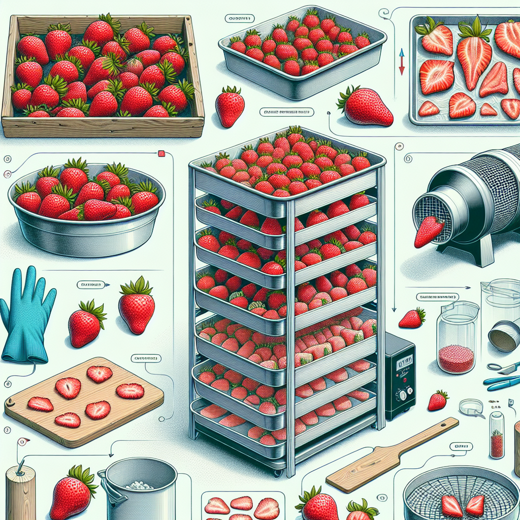 A detailed and visually captivating illustration of the freeze-drying process of strawberries, right in the comfort of a home kitchen. The picture should showcase an array of vibrant, ripe strawberries before freeze-drying, and then their transformation into the freeze-dried version with a lighter hue. Include kitchen tools associated with the process such as a tray, gloves for handling, and a home freeze dryer. An easy-to-understand guide or step by step process should be shown in small infoboxes around the main image depicting each stage of the process. This should give a sense of simplicity and practicality to the viewers.
