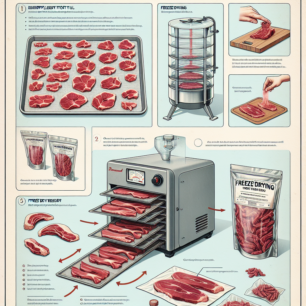An educational, detailed image showcasing a step-by-step process of freeze drying meat efficiently. The first step shows fresh meat pieces layed out on a tray, followed by the meat being placed in a freeze dryer in the second step. The freeze drying process can be shown schematically in the third step, and finally, the packaged freeze-dried meat in vacuum-sealed bags in the last step. The image also contains text with effortless tips for best results, such as choosing the right type of meat for freeze drying, appropriate temperature settings, and how to properly store freeze-dried meat.