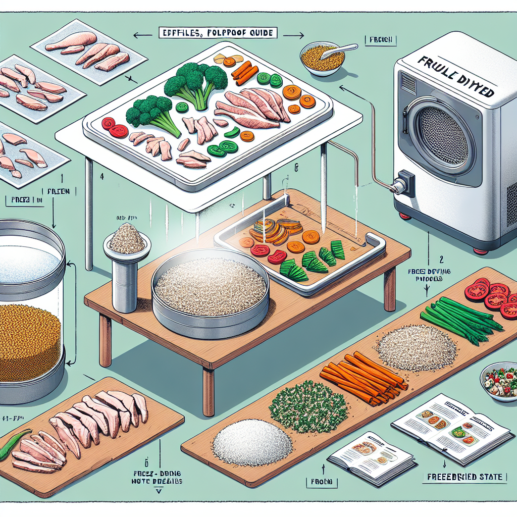 An illustrative depiction of a full meal undergoing the freeze-drying process. Visualize a kitchen setup with an operational table where bits of chicken, various vegetables, and a scoop of rice are lying. They are to be arranged in the busy act of transforming into a freeze-dried state using a compact, modern freeze dryer positioned nearby. Display the transition stages side by side: fresh food to frozen, and then from frozen to freeze-dried condition. Also, incorporate a neatly placed guide book or pamphlet on the table with the title 'Effortless, Foolproof Guide to Freeze Drying Full Meals'.