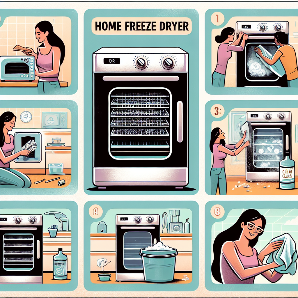 A step-by-step guide for cleaning a home freeze dryer. The first frame showcasing a not-so-clean freeze dryer with dust and dirt around the vents. The next slide clarifies on the essential tools required such as a brush, clean cloth and organic cleaning solution. Following, display a middle-aged Hispanic woman using the brush to clean the dusty parts, an Asian man wiping the surfaces with a clean cloth soaked in the cleaning solution, a Black woman reassembling the components. Finally, a sparkling clean and well-assembled home freeze dryer standing proudly in a well-lit kitchen.