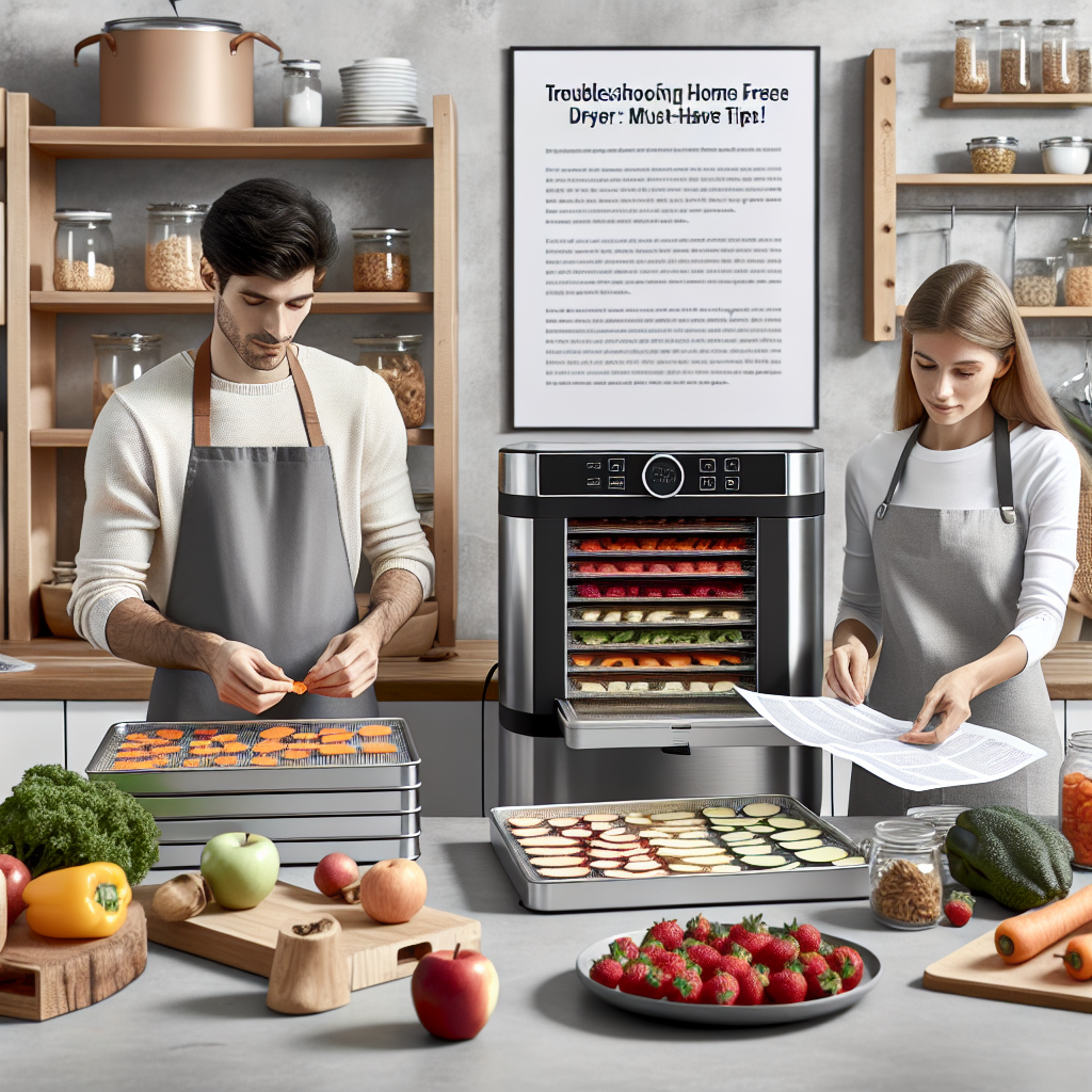 A detailed, visual scene of a home freeze drying process. The setting is a modern kitchen with shiny stainless steel cabinets and a kitchen counter. On the counter, there is a home freeze dryer machine, it appears modern and sophisticated. Various fruits and vegetables, like apples, carrots, strawberries, and peppers, are neatly laid out, ready for the freeze-drying process. There's a Caucasian man and a Hispanic woman, both donning aprons, focused on filling trays with food. They frequently reference an open manual lying nearby that contains a handy step-by-step guide outlining the freeze-drying process. A banner at the top states 'Troubleshooting Home Freeze Dryer: Must-Have Tips!'