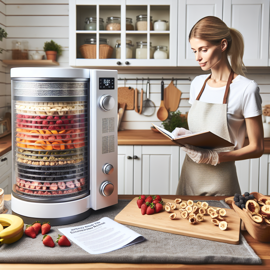 Visualize a home freeze dryer situated in a cozy, clean kitchen. The freeze dryer is nicely organized. It is filled with assorted fruits like strawberries and bananas that are being freeze-dried for preservation. Nearby, a Caucasian woman is attentively checking the dryer settings. She has a comfortable attire, complete with apron and gloves. On the kitchen countertop, a handy guide book titled 'Effortless Tips for Best Results' is open, displaying some useful tips on caring for the freeze dryer. The entire scene depicts meticulous care and neatness.