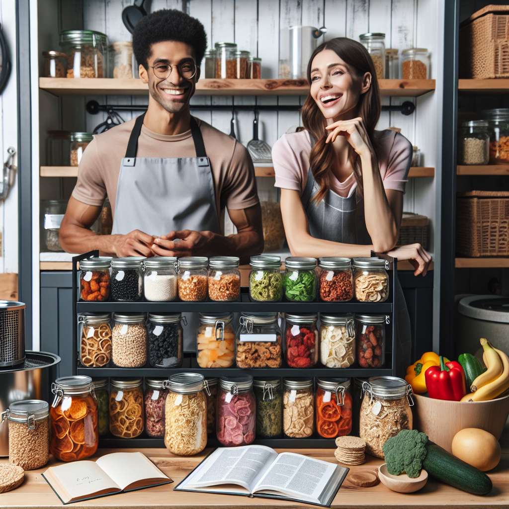 Imagine a well-organized kitchen pantry, with shelving units filled with various jars of colorful freeze-dried foods like fruits, vegetables, and meats. Each jar label is handwritten, indicating the contents inside. On the kitchen counter, there are some freeze-drying equipment and a variety of fresh produce ready to be processed. A Caucasian woman and Black man, both wearing aprons, are cheerfully working together in this preparation and storage process. There is an open book nearby, possibly a guide for freeze drying at home. The room is well lit, creating a warm and inviting atmosphere.