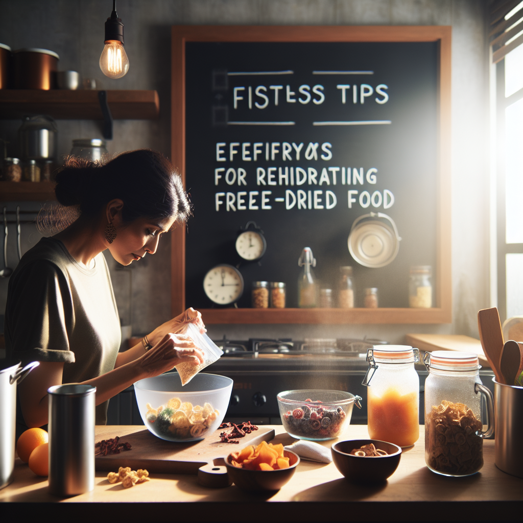 A close-up view of a kitchen scene with cooking equipment and freeze-dried food items strewn about. The central spot is taken by a South Asian woman intently hydrating freeze-dried fruits in a clear mixing bowl. Instructions are depicted on a hanging chalkboard behind her, detailing the 'effortless tips for rehydrating freeze-dried food'. Light natural streaming in from a nearby window and casting warm, soft glow over everything, creating an appetizing and inviting atmosphere.