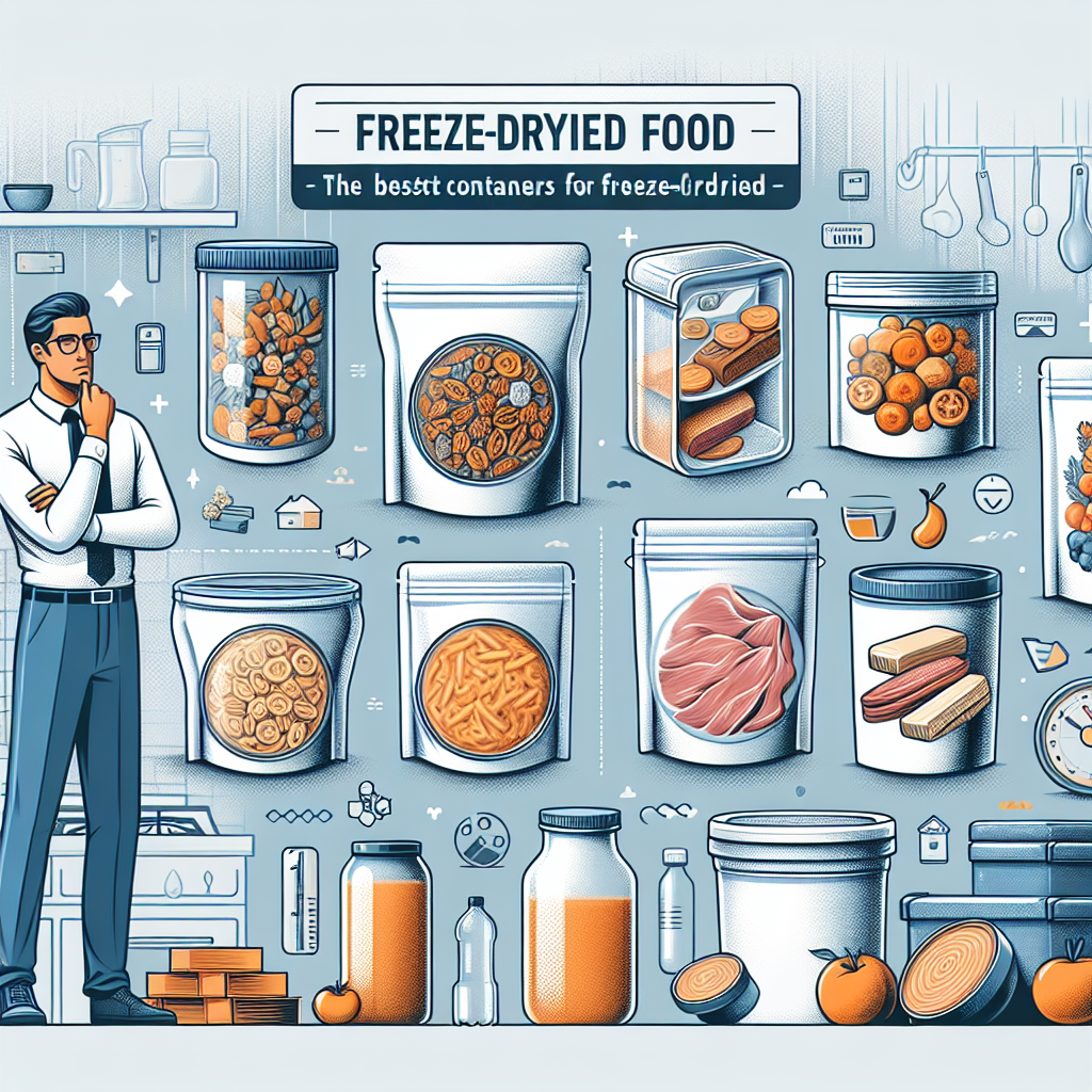 Visualize a comprehensive guide on the best containers for freeze-dried food. Show an array of diverse containers, such as vacuum-sealed bags, plastic bins, Kanister containers, and Mylar bags. Highlight characteristics like airtight seals and moisture barriers which protect freeze-dried food from spoilage. Also include Consumer examining the containers, male of Middle-eastern descent thoughtfully evaluating the options. The background features a kitchen setting with freeze dried food items like fruits, vegetables, and meats nearby. The style of the image should be informative and engaging.