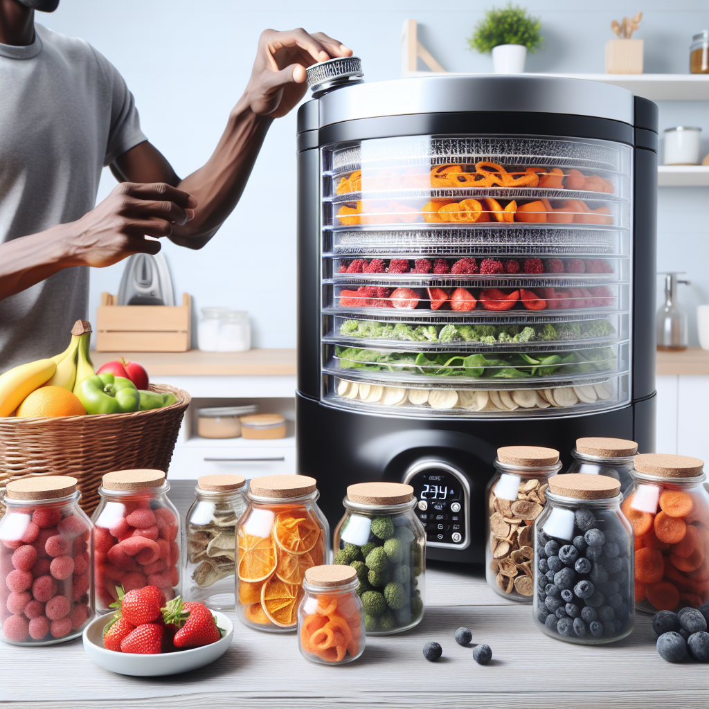 Please generate an image showing a detailed step-by-step guide to using a home freeze dryer. The image should have clearly marked steps and visual cues, such as groups of fresh fruits and vegetables waiting to be freeze-dried, the freeze dryer machine in operation, and the final product of freeze-dried food. The dry food could be stored in clear airtight jars vibrantly illustrating the preservation of color and texture. The background can be a neat and clean kitchen setting. The person operating the machine should be a Black male wearing a comfortable, casual yet neat outfit.