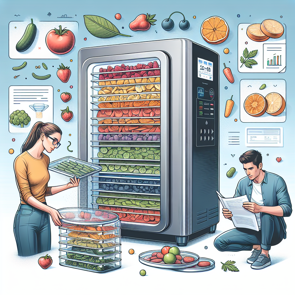 Picture a detailed, colorful informative guide for home freeze drying. In one area of the image, a Caucasian woman is carefully placing a variety of fruits and vegetables onto the freeze dryer trays. In another area, a Hispanic man is studying the freeze dryer's manual with scrutinizing attention. The machine itself, resembling a stainless steel fridge with several compartments, stands in the background, its digital interface lit up. Helpful tips and instructions are scattered across the image in a clear, engaging font, making it a comprehensive visual guide for successful home freeze drying.