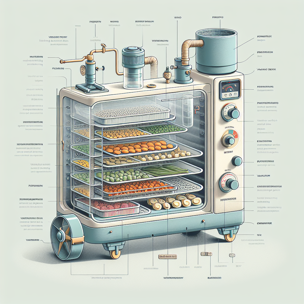Show a detailed cutaway diagram of a home freeze dryer in operation. This practical household appliance should be illustrated in light colors to show its components, such as the vacuum pump, drying chamber, and condenser, in detail. Inside the drying chamber, there should be trays of mixed vegetables being processed. Overlay the image with simple labels and short, easy-to-understand explanations of how each part works. Arrange the elements so that they form a natural reading flow that reflects the freeze drying process sequence: freezing, vacuum and dehydration. Portray a balanced, yet informative perspective by including a scale bar to indicate size and soft, seamless shadows for depth.