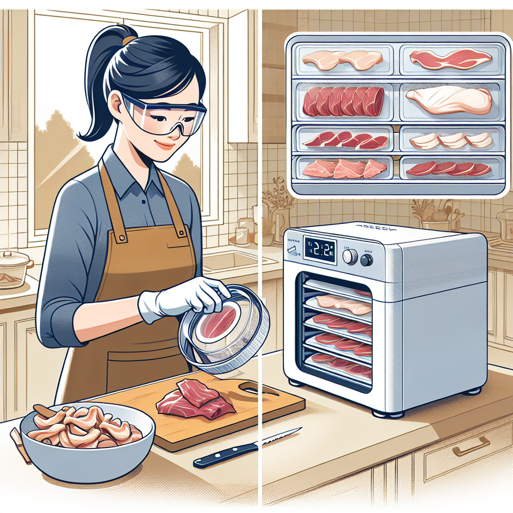 Illustration of a home kitchen scene featuring an Asian woman engaged in the process of freeze-drying meat. She wears a neat apron and protective goggles, attentively operating a tabletop freeze dryer sitting on the counter. A selection of freshly cut meats, including chicken, beef, and pork, is visible on a cutting board nearby. Show the freeze-dried meat transformation, from fresh to freeze-dried, symbolically demonstrated in a split-screen style. The image should provide a sense of cleanliness and organization, emphasizing the ease and simplicity of the freeze-drying process at home.