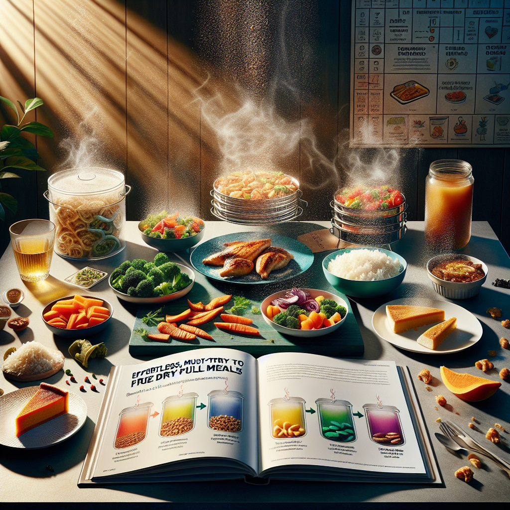 Visualize a complete meal of mouthwatering, fresh-cooked and colorful food items, including grilled chicken, sautéed vegetables, steaming rice, and a slice of pumpkin pie, merrily placed on a modern kitchen countertop. Then imagine heat escaping from these items as tiny particles, signifying the concept of freeze drying. Beside this, lay an intriguing guidebook with the title 'Effortless, Must-Try Guide to Freeze Drying Full Meals', strewn across the table, open to a colorful, easy-to-understand diagram displaying the freeze-drying process. The backlight from a nearby window is casting a warm, gentle illumination over the entire scene.