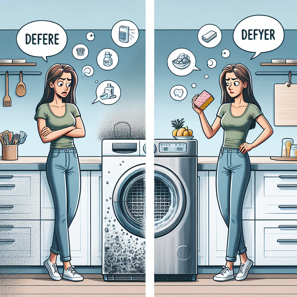 Visualize an informative scene in a modern kitchen. Segregate the image into two halves. On the left half, show a countertop with a home freeze dryer. This freeze dryer is messy and has spots, symbolizing it hasn't been cleaned. Have an annoyed Middle-Eastern woman in casual clothes looking at the dirty dryer, holding a sponge in her hand. On the right half, depict the same woman, now smiling and effortlessly cleaning the same dryer that is now spotless and shiny. Incorporate floating tips and tricks related to home freeze dryer cleaning in the form of text bubbles around her.