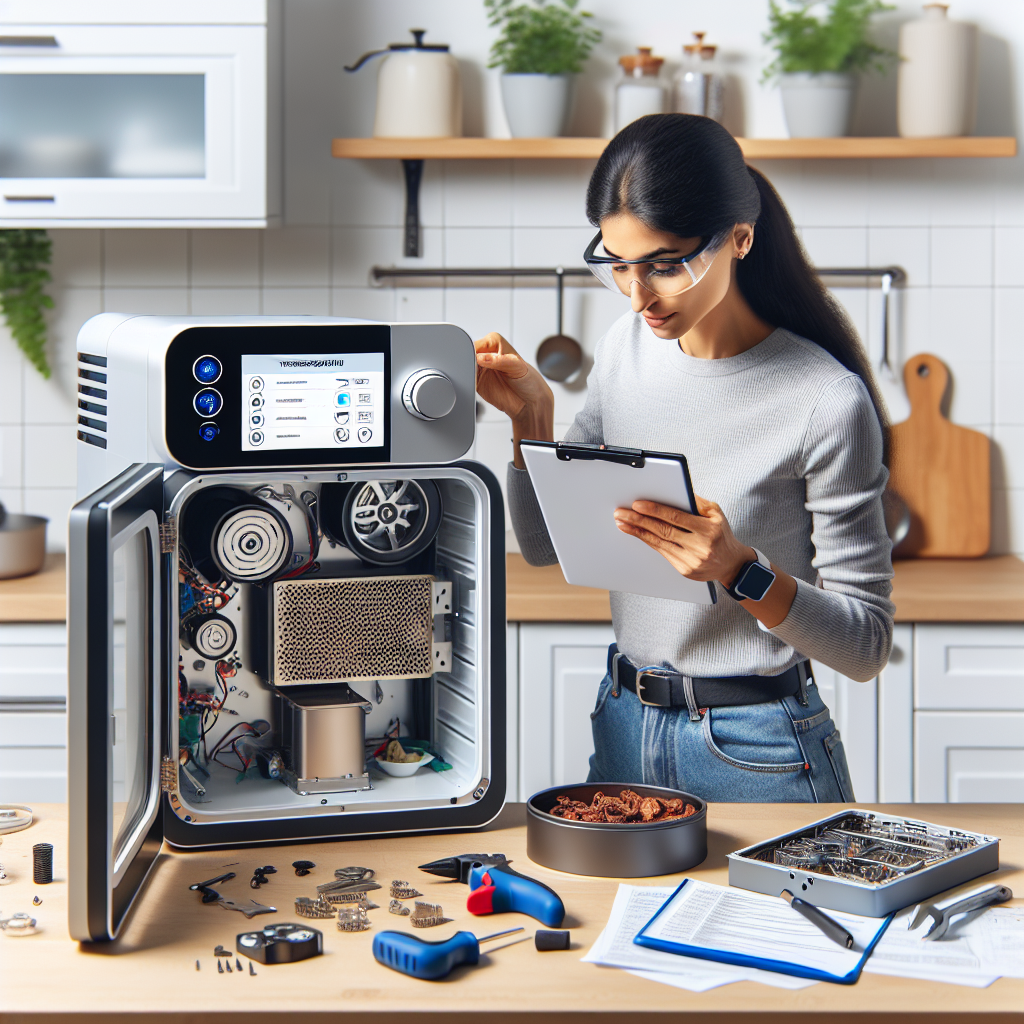 An scene showcasing a home freeze dryer located in a clean, tidy domestic kitchen with an disassembled outer casing nearby, showcasing the key internal components. On the side, a detailed digital tablet is present, displaying a troubleshooting guide on the screen. A woman of South Asian descent is focused on the dryer, equipped with a set of tools in hand and safety glasses. A note pad on the countertop contains a list of must-have tips and solutions for home freeze dryer troubleshooting. An element of trouble yet determination should engulf the whole scene.