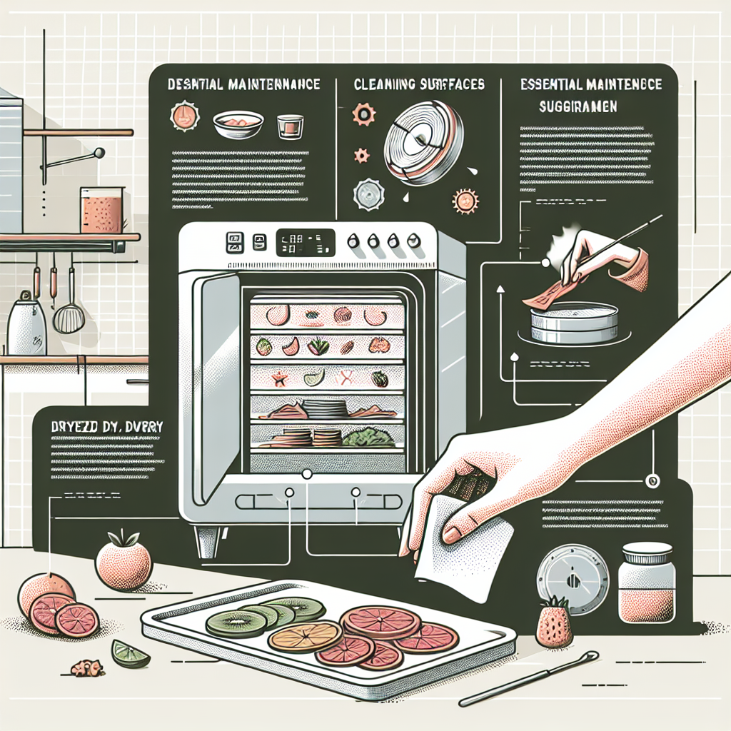 Illustration of a modern, clean home kitchen with a primary focus on a freeze dryer machine in the corner. A dedicated hand, belonging to a Caucasian female, is shown cleaning the machine with a cloth. Dotted lines suggest essential maintenance tasks such as drying off moisture, cleaning surfaces and checking seals. Infographics illustrate these suggestions in an attractively designed manual format. The backdrop of the image features various food items ready to be freeze dry: slices of fruits, vegetables, and meat are neatly placed on a tray next to the machine.