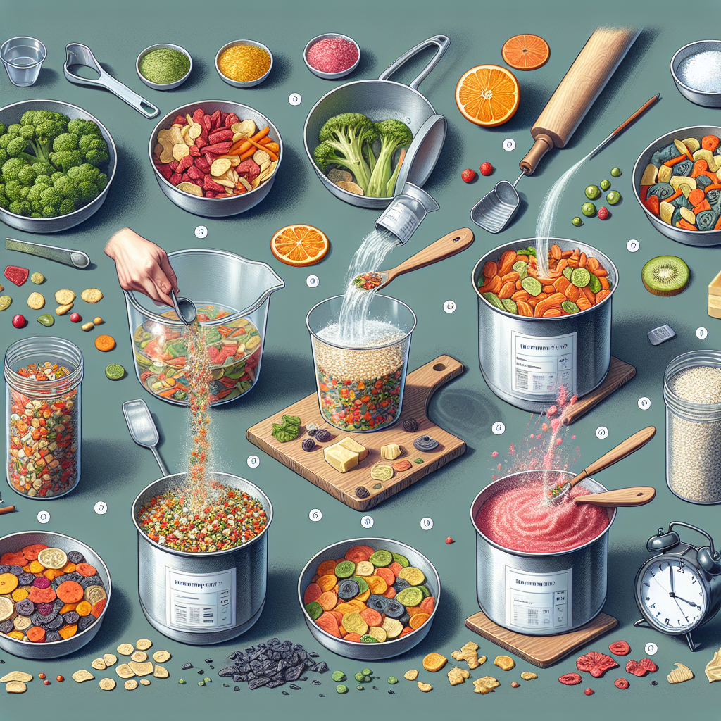 A detailed visual guide illustrating the process of rehydrating freeze-dried food. The image should include various stages of the process - collecting the freeze-dried food (think veggies and fruits), pouring water into the container, stirring the mixture, and finally, the rehydrated food. The food retains its vibrant colors and texture, looking both nutritious and appetizing. It's all set against a clean, well-lit kitchen background with tools and utensils such as measuring cups, a pot, a stirring spoon, and a timer. The image gives the impression of it being an effortless, rewarding culinary activity.