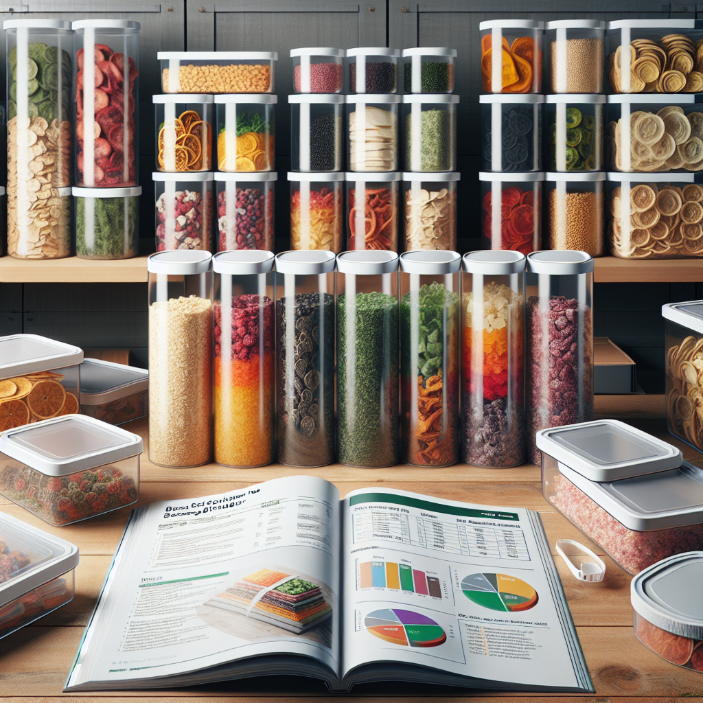 Imagine a highly organized pantry filled with various containers of freeze-dried food. The rectangular and round containers of different sizes are cleaned and labeled, made from durable plastic and glass, and are specifically designed for long-term storage. The containers are transparent, revealing colorful freeze-dried fruits, vegetables, herbs, and even meats. There's a handy guide book on the wooden table, opened to a page titled 'Best Containers for Freeze-Dried Food'. It displays charts and informative descriptions about the different types of containers suitable for freeze-dried food storage.