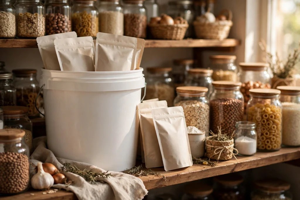 A large food storage pail filled with freeze-dried meal pouches on a stocked pantry shelf