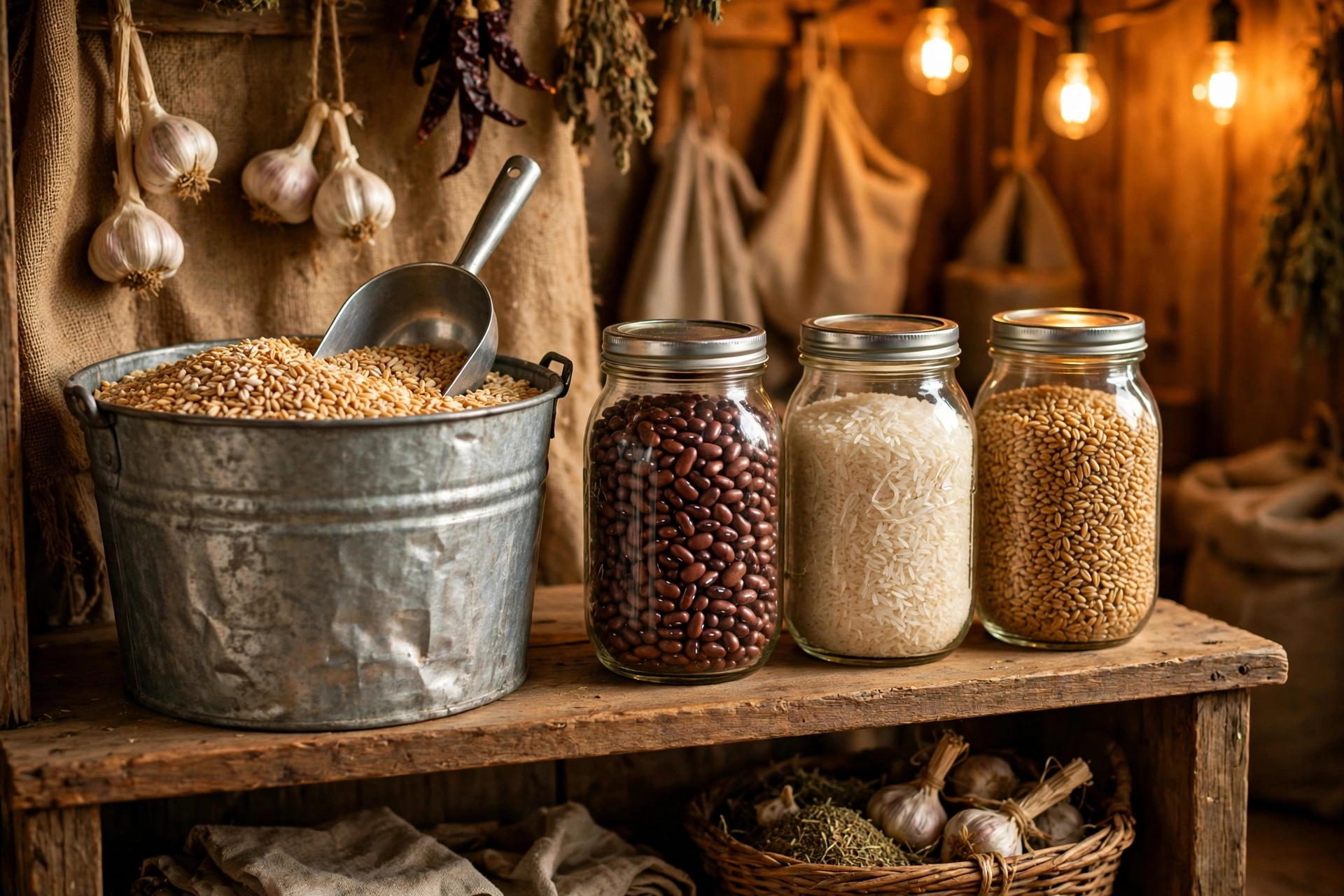 Augason Farms food storage pail with scoop beside mason jars of grains