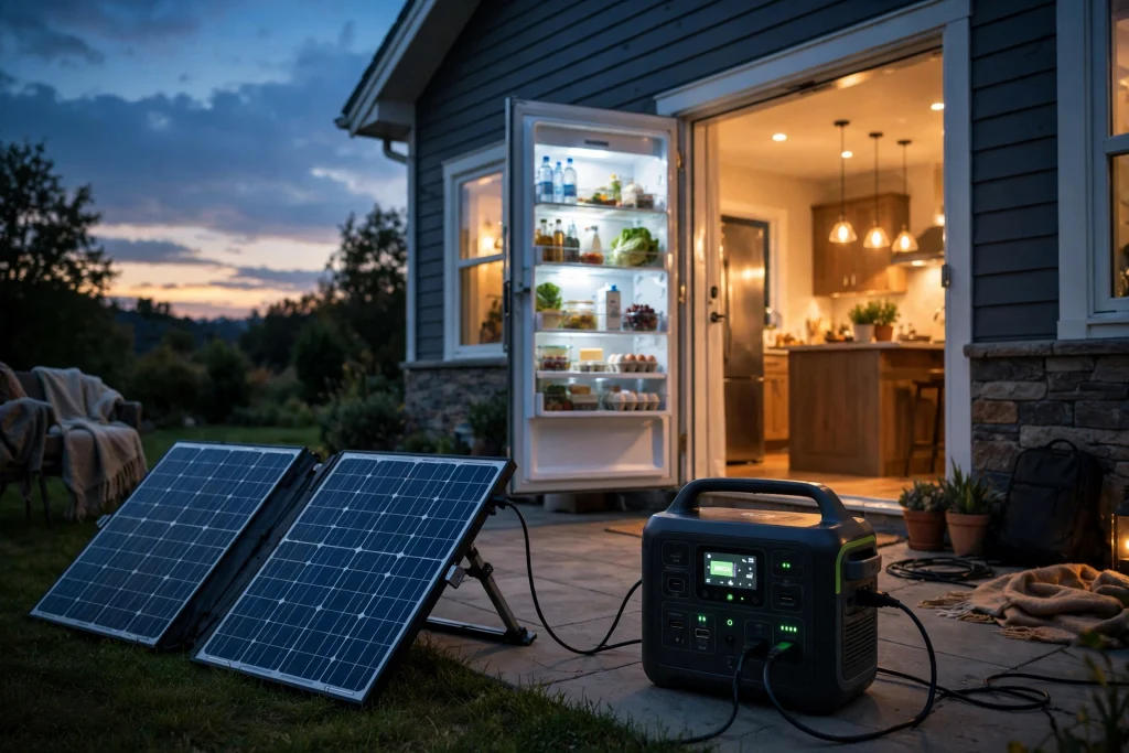 Portable power station with solar panels set up beside a home at dusk during a power outage