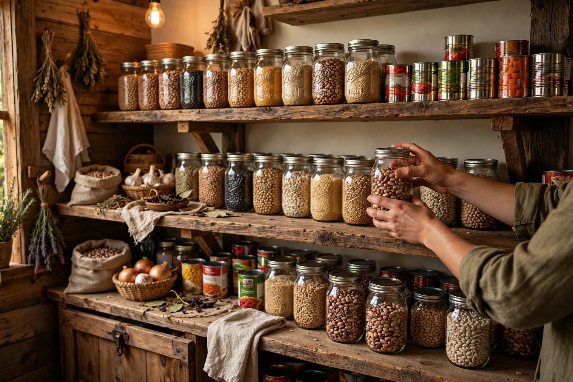 Stocking wooden pantry shelves with mason jars of preserved food