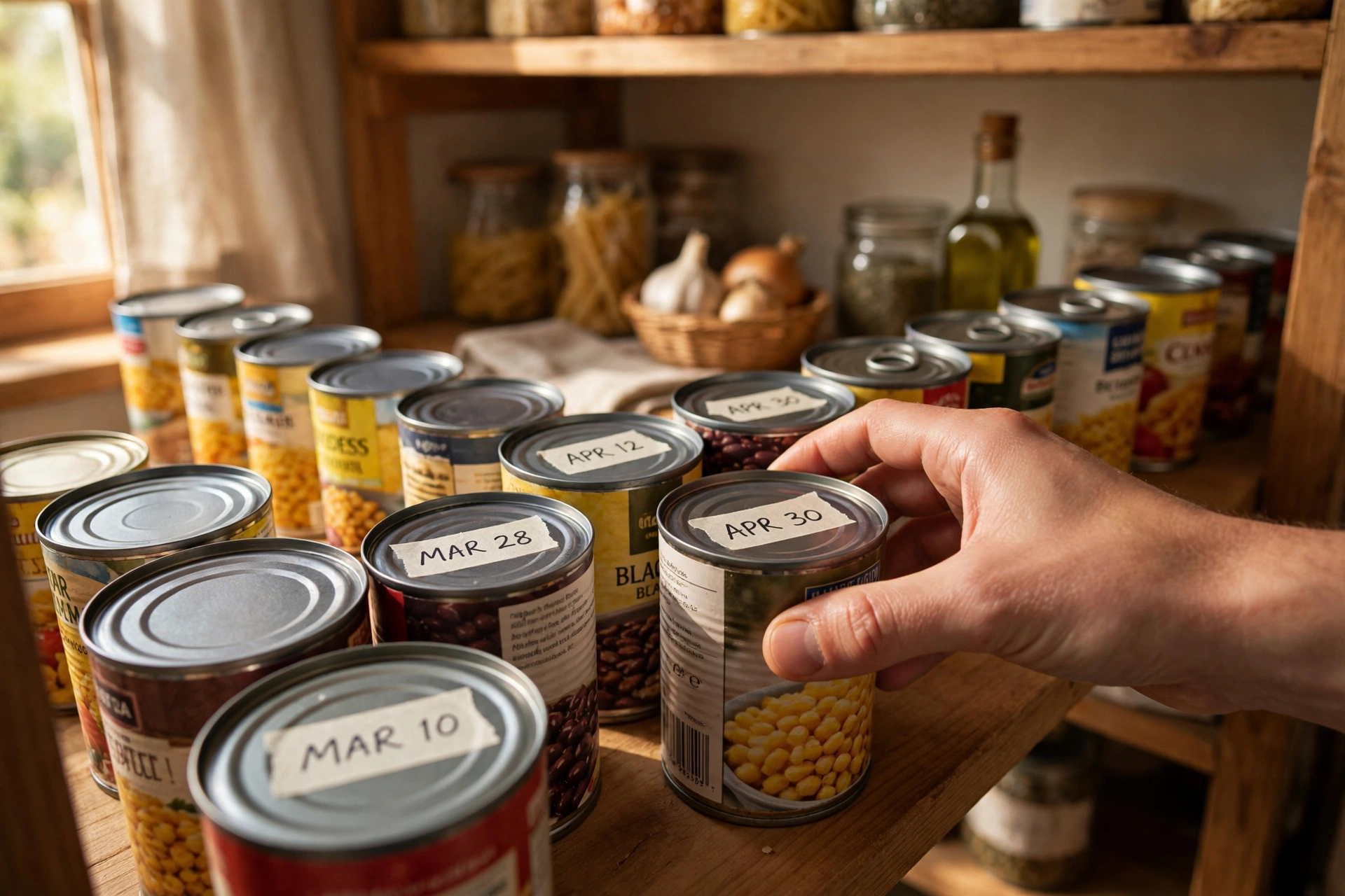 Rotating canned goods on a pantry shelf, oldest dates in front