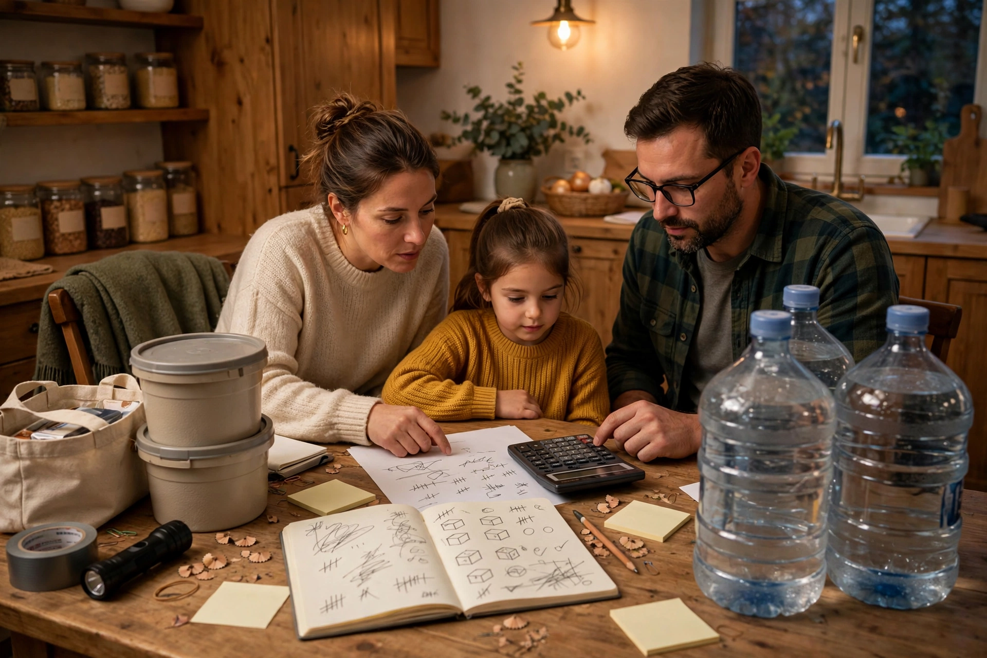 Planning emergency food and water supplies at a kitchen table