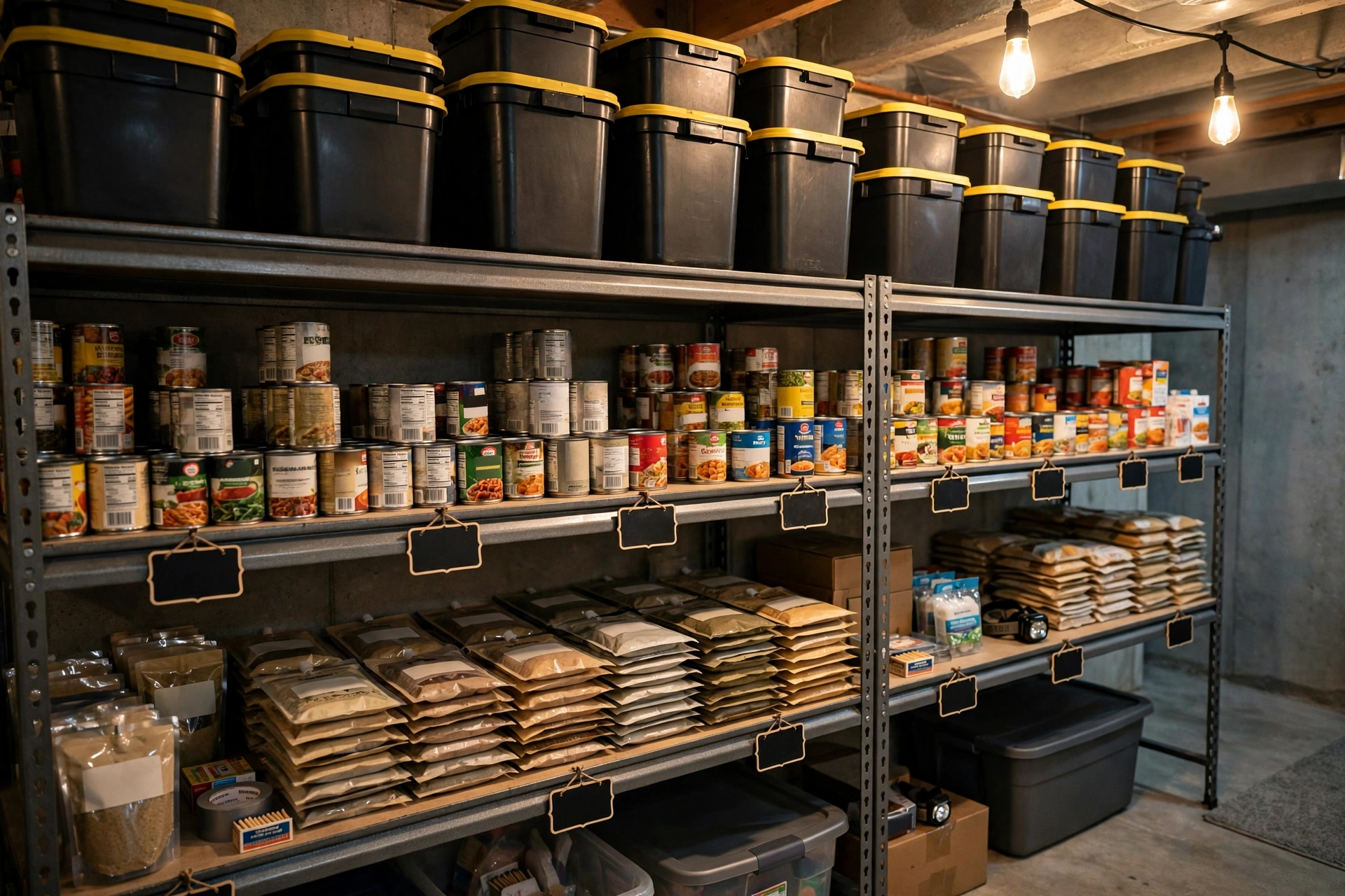Organized shelf of emergency food kits, buckets, cans and pouches