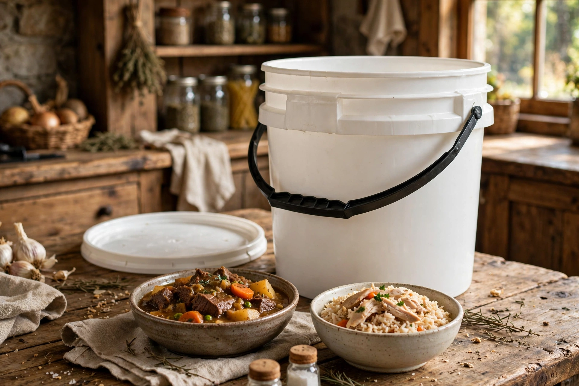 Mountain House freeze-dried meal bucket with prepared bowls of food