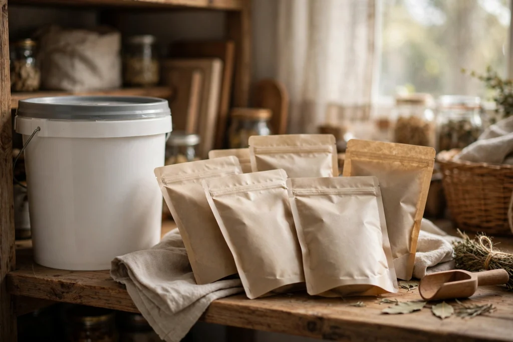 A food storage bucket and freeze-dried meal pouches arranged on a wooden pantry shelf