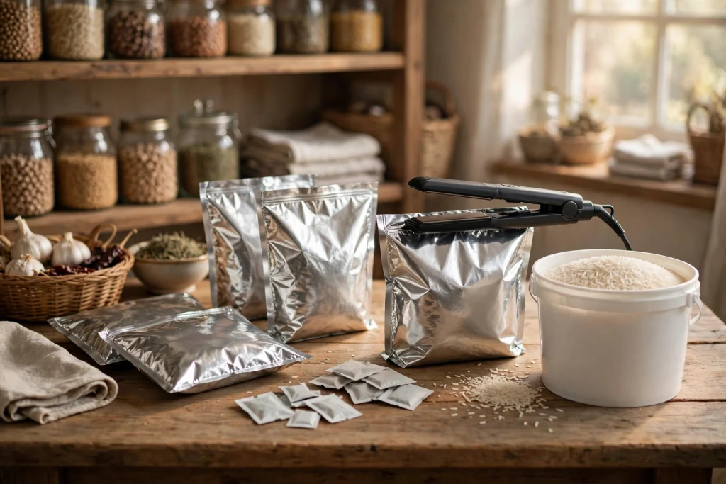 Silver mylar bags with oxygen absorber packets and a bucket of rice on a wooden table, one bag being heat-sealed
