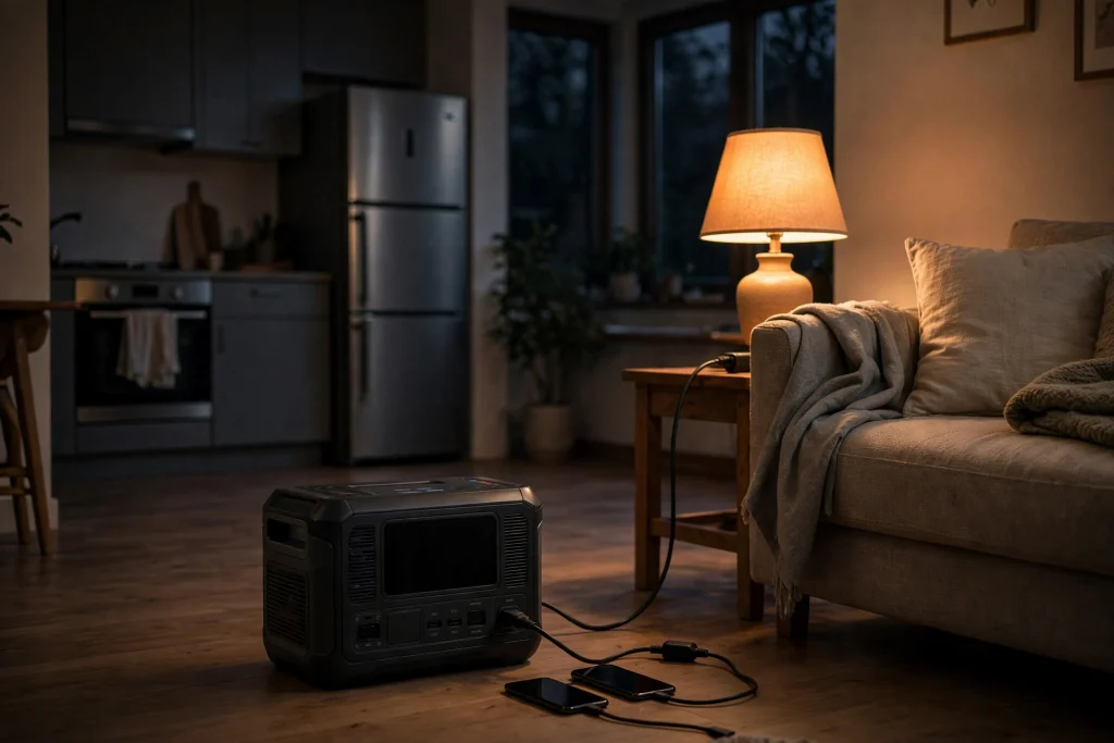 A portable power station on a living room floor powering a table lamp and charging two phones during an evening power outage, with a refrigerator in the background