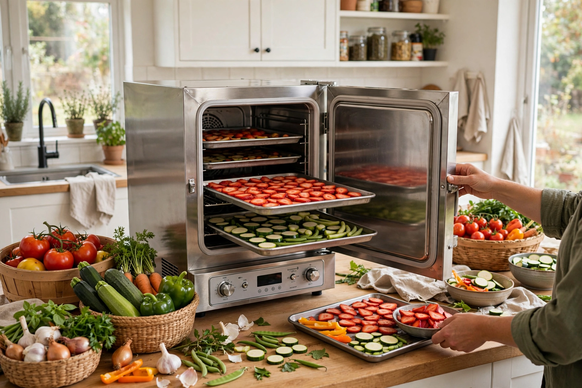 Loading trays of garden produce into a home freeze dryer