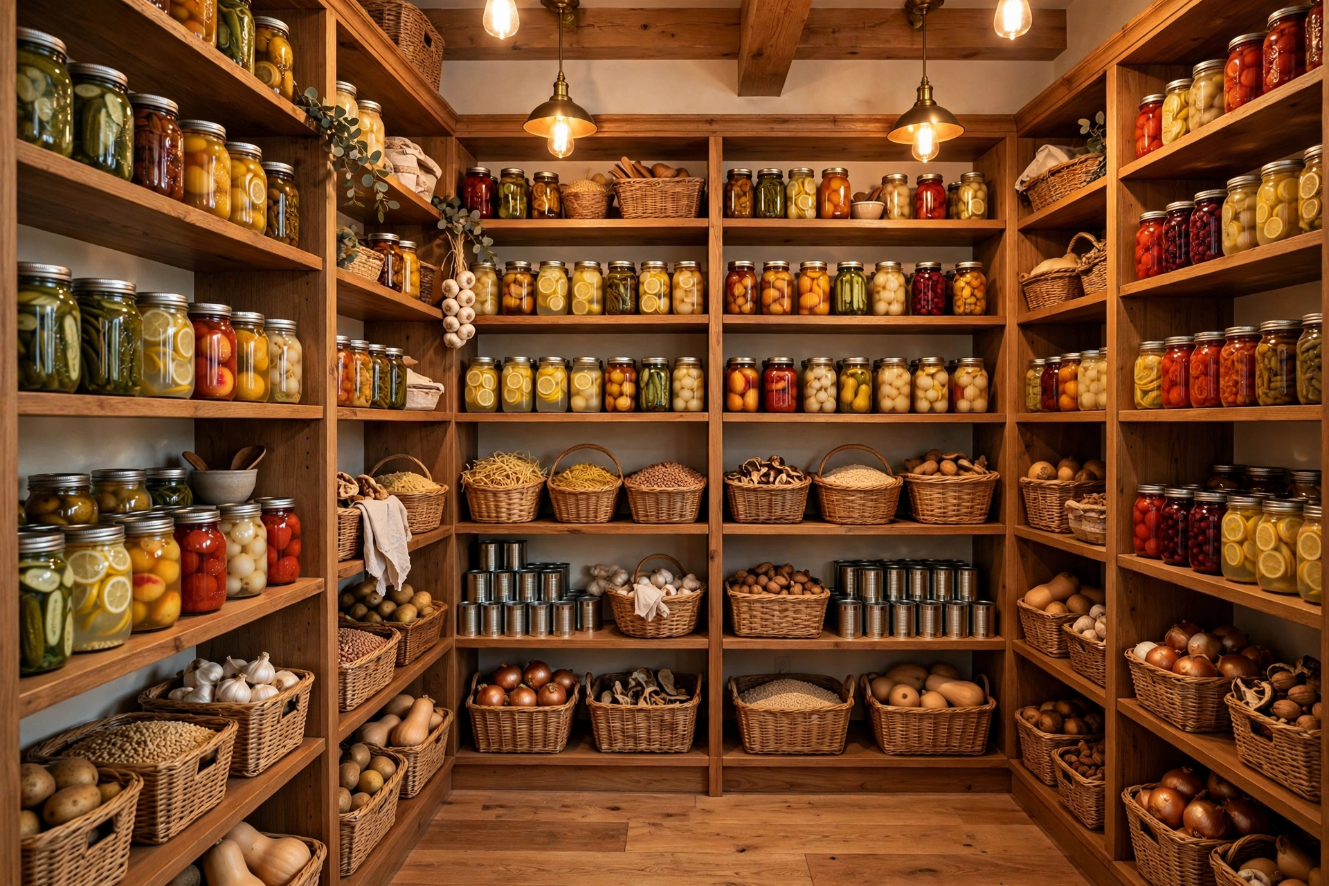 Fully stocked walk-in pantry with jars of preserved food