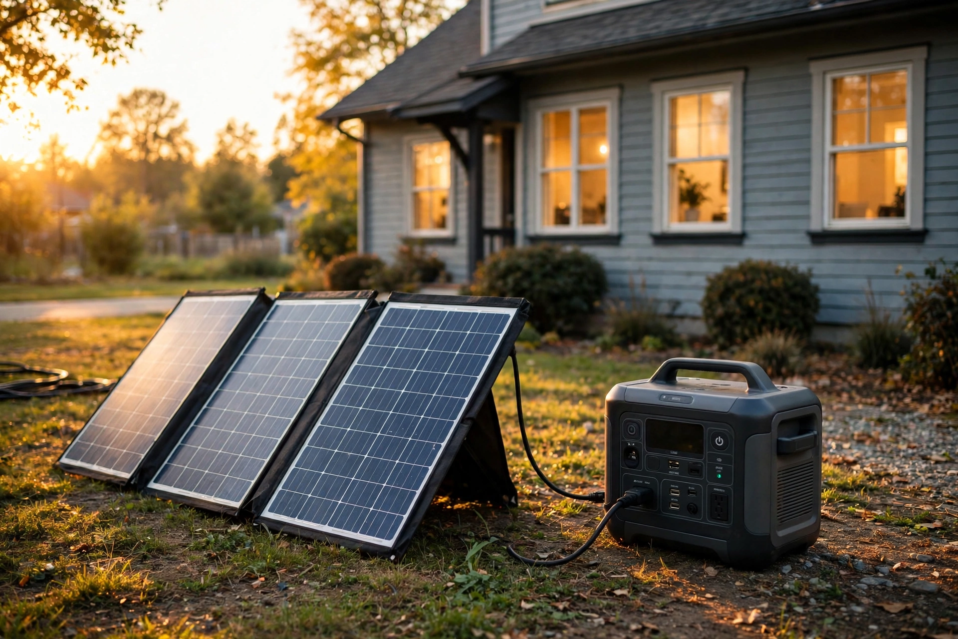 Portable power station and solar panels set up beside a home