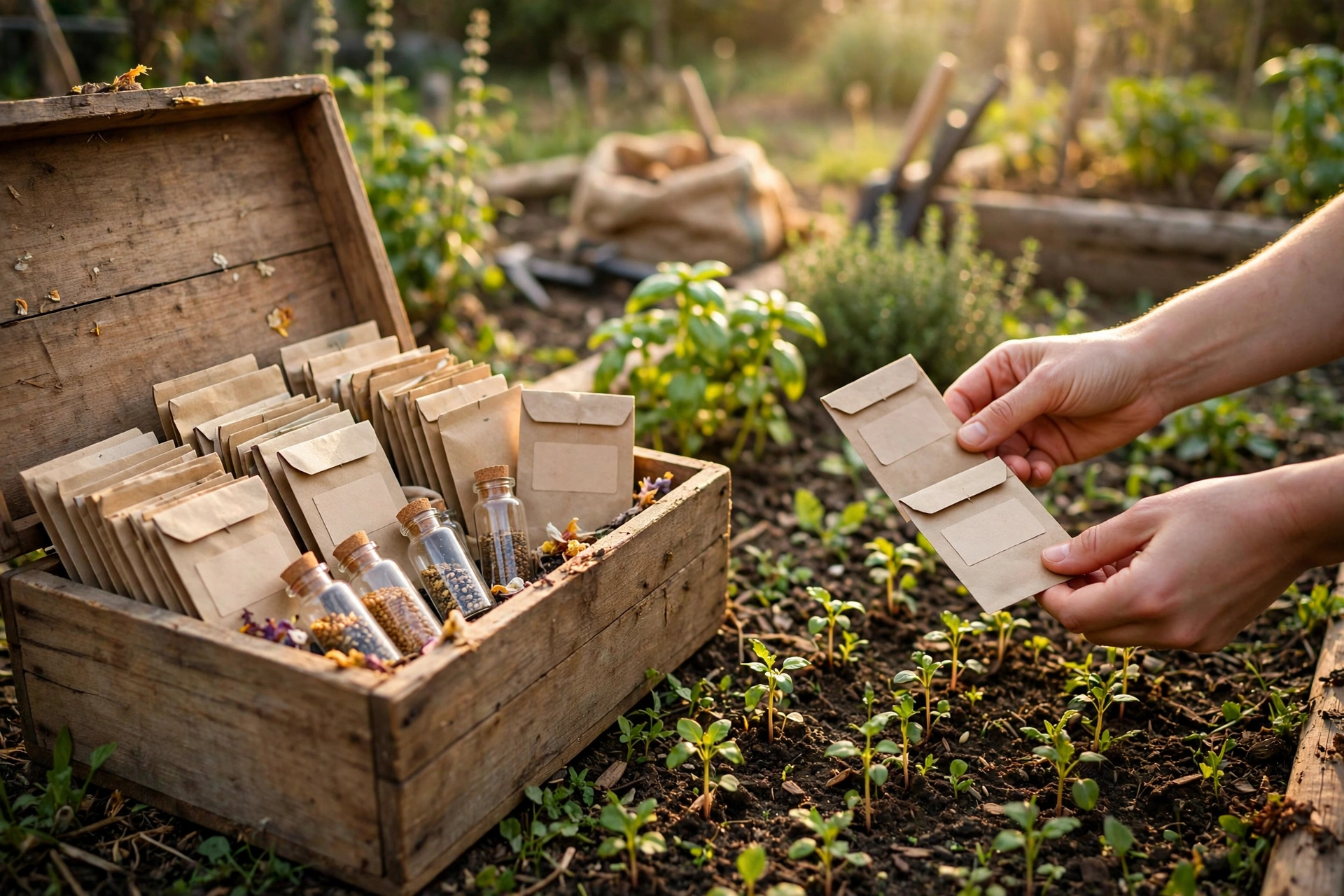 Wooden seed vault box with heirloom seed packets in a garden