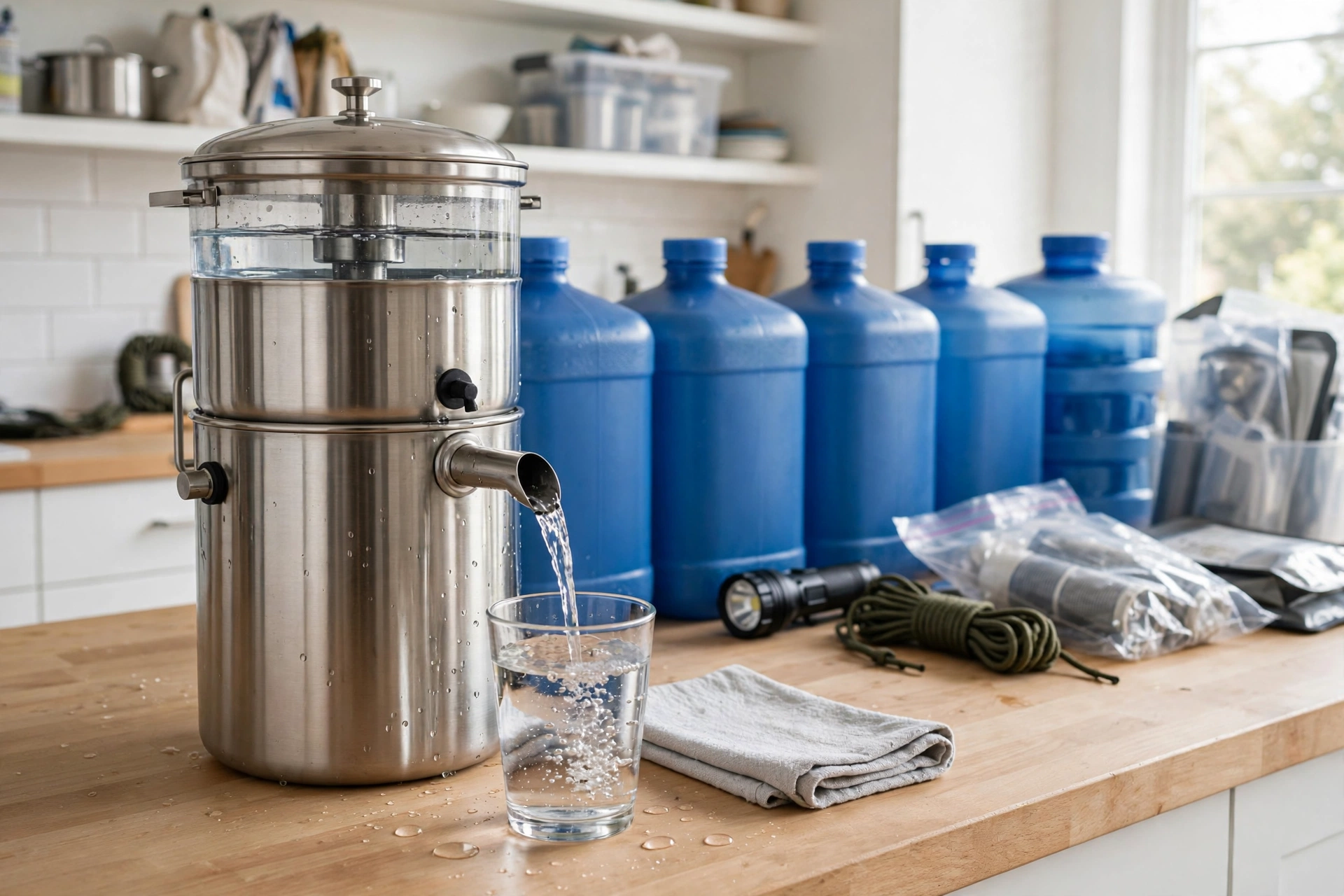 Stainless steel gravity water filter filling a glass of clean water