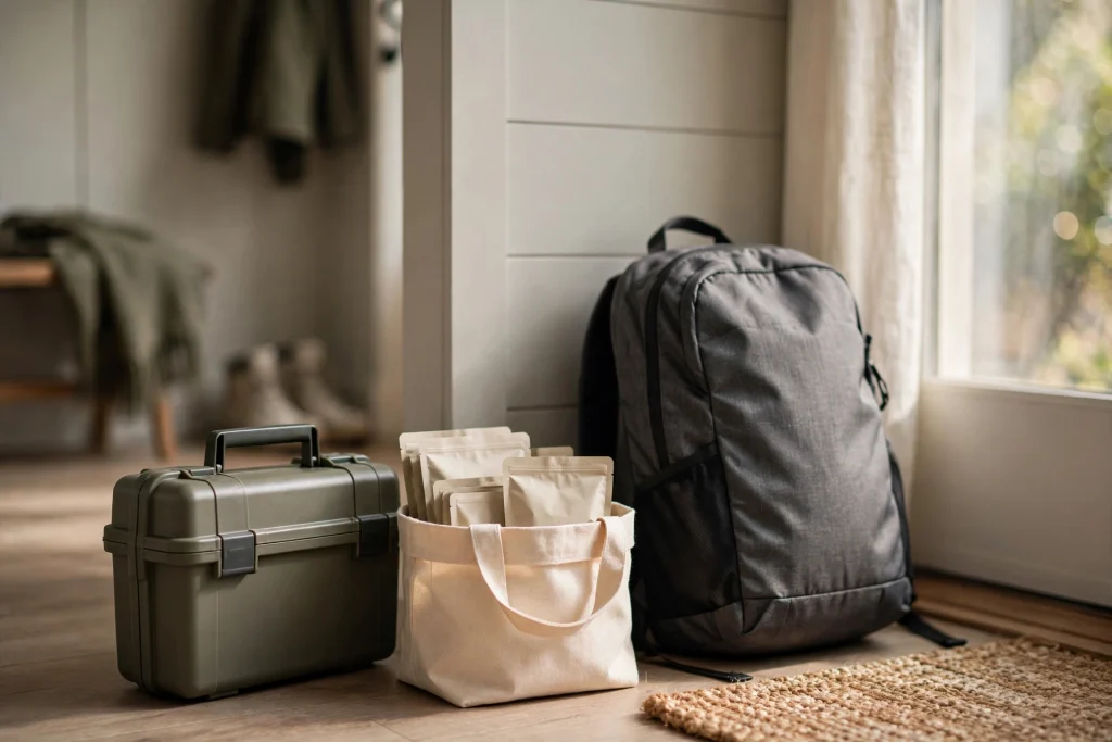 A compact 72-hour emergency food kit with meal pouches beside a backpack in a home entryway