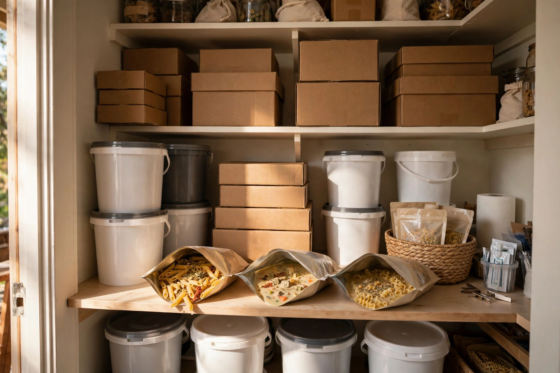 ReadyWise emergency food kit boxes and buckets stored in a pantry