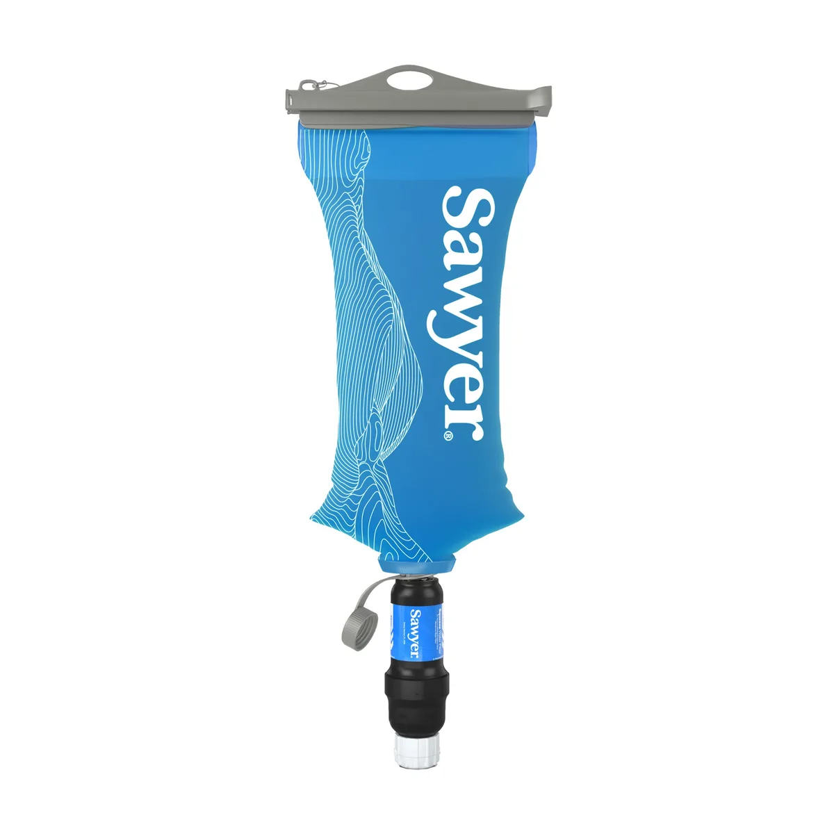 Sawyer Squeeze water filter attached to a blue Cnoc 2-liter bladder, shown as a gravity and squeeze filtration setup