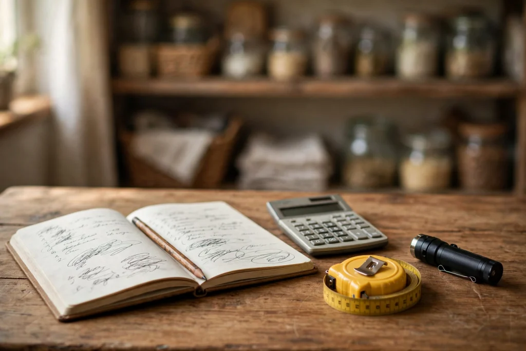 An open planning notebook with a pencil, calculator, tape measure and flashlight on a wooden table in front of pantry shelves